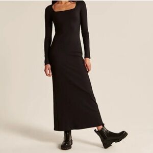 Abercrombie Ribbed Knit Black Long Sleeve Square Neck Maxi Dress